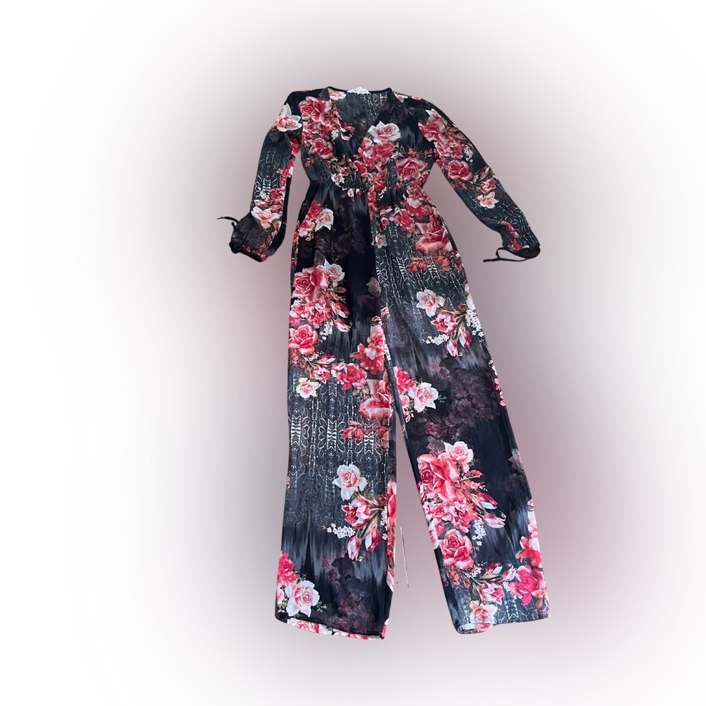 BCBGeneration Black Jumpsuit with Pink‎ & Red Floral Print